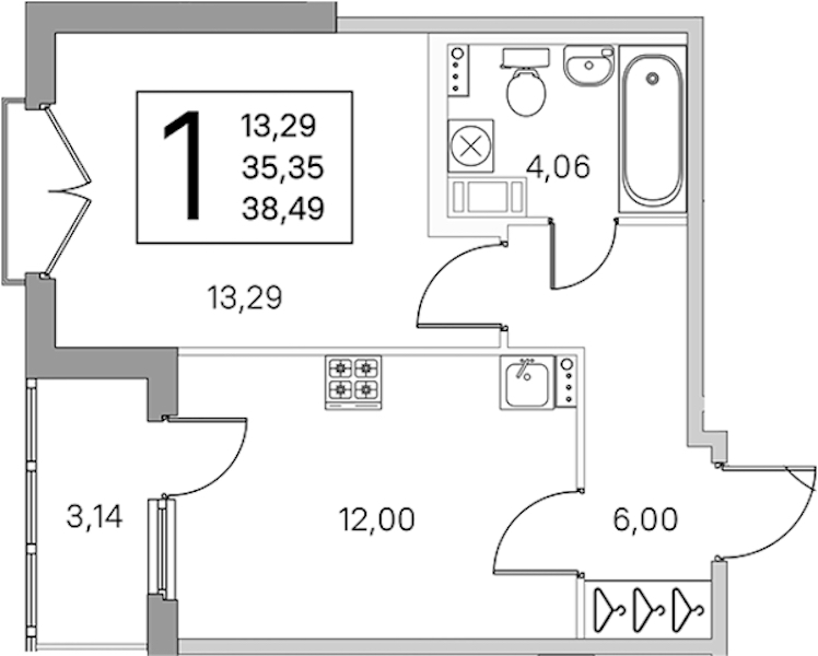 1-комнатная квартира 36.92 м², 3/4 эт., ЖК «Любоград в Стрельне»